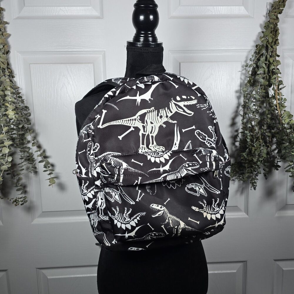 Black Backpack White T-Rex Dinosaur Skeleton Pattern And Matching Lunchbox